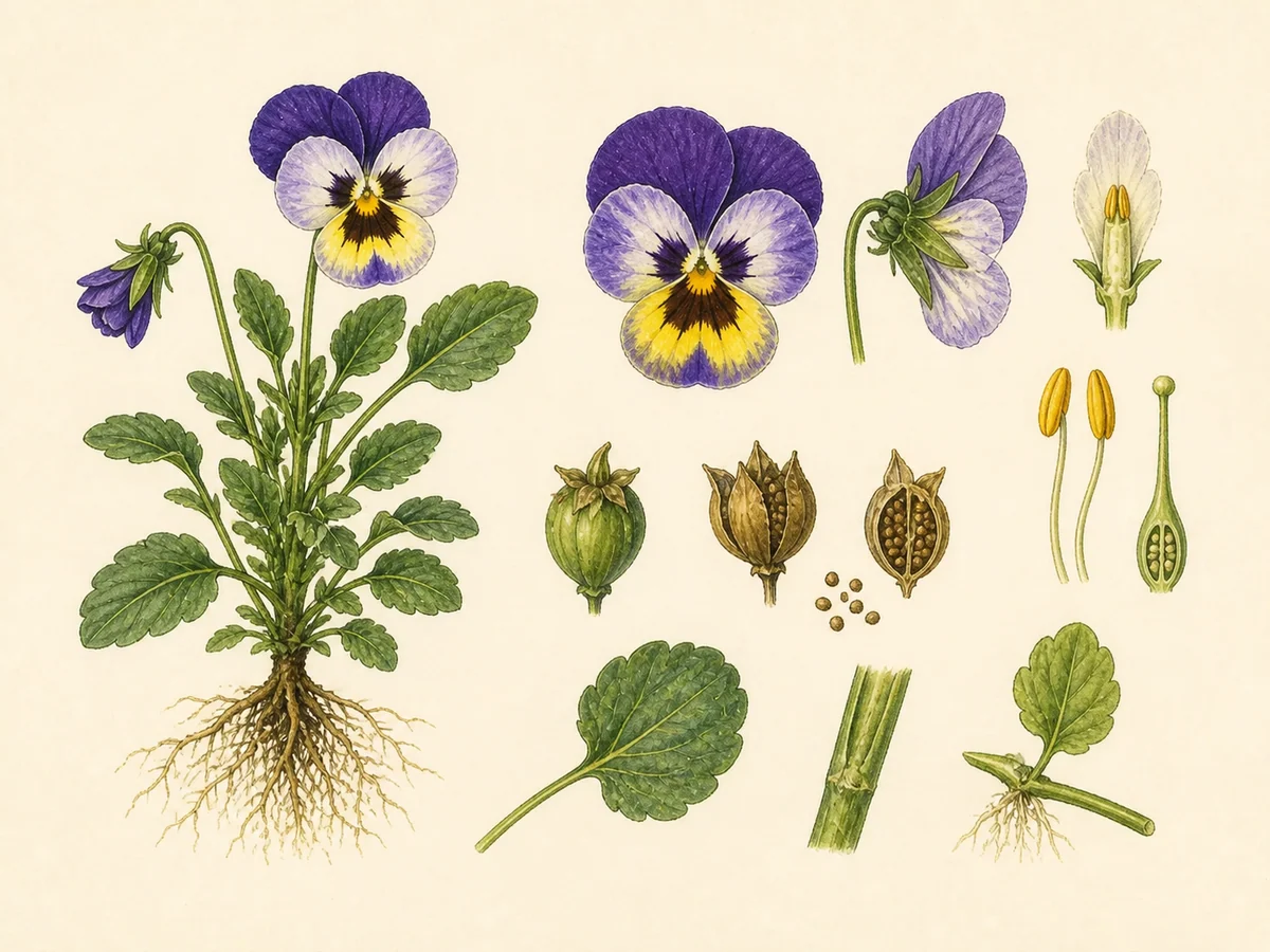 Prancha botânica complementar de Amor-perfeito (Viola × wittrockiana) com caracteres de identificação e ciclo de vida