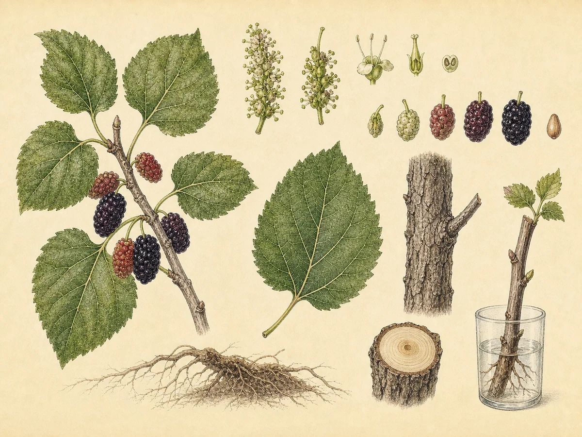 Prancha botânica complementar de Amoreira-preta (Morus nigra) com caracteres de identificação e ciclo de vida