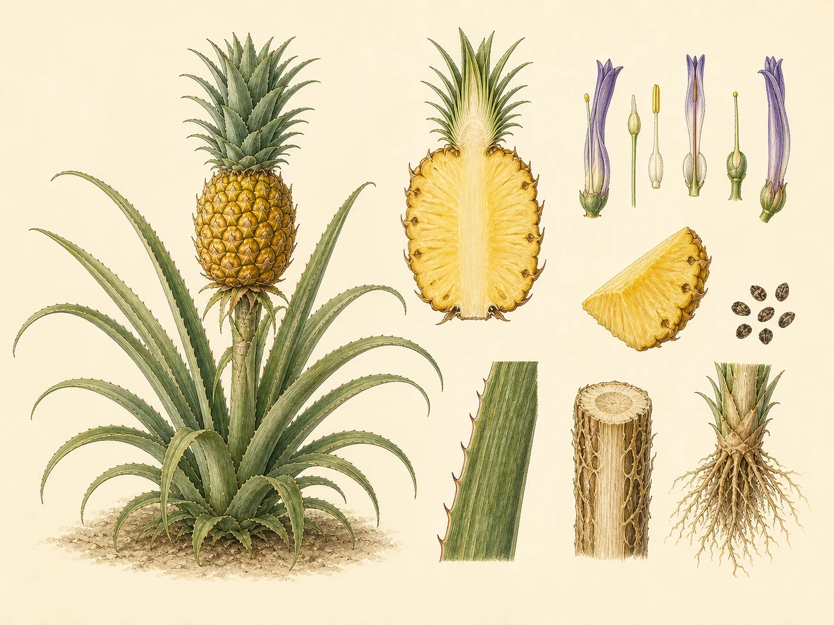 Prancha botânica complementar de Ananaseiro (Ananas comosus) com caracteres de identificação e ciclo de vida