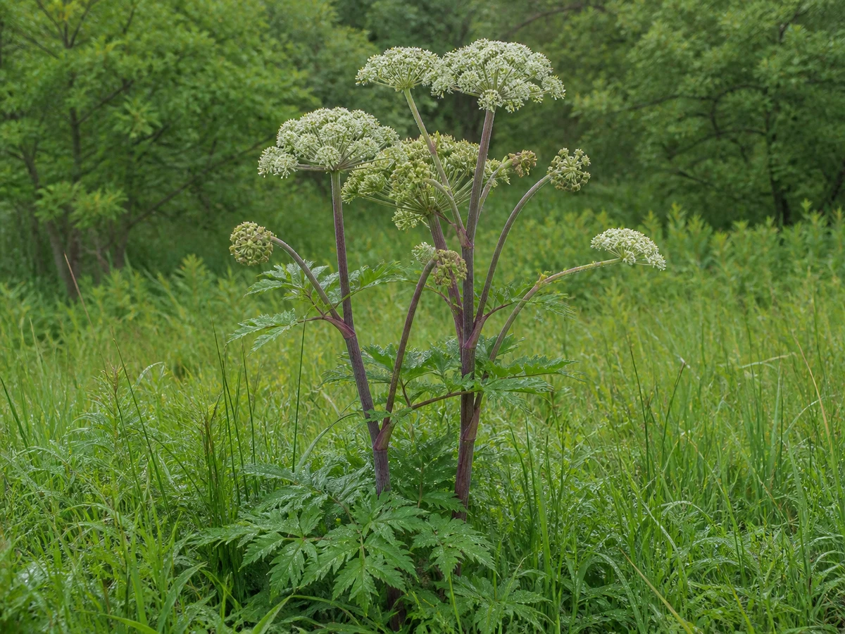 Prancha botânica complementar de Angélica-silvestre (Angelica sylvestris) com caracteres de identificação e ciclo de vida