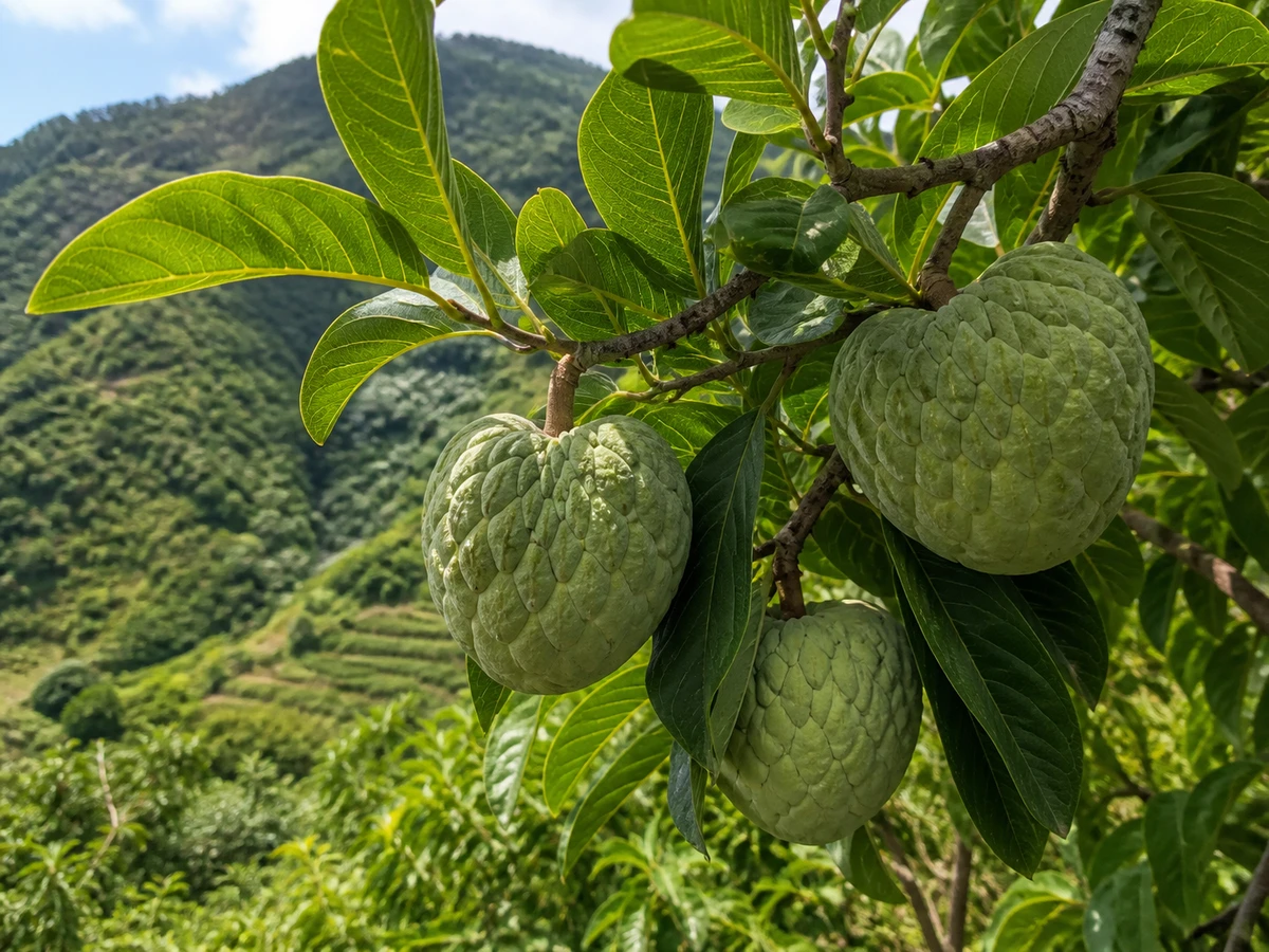 Prancha botânica complementar de Anoneira ‘Madeira’ (Annona cherimola Mill. ‘Madeira’) com caracteres de identificação e ciclo de vida