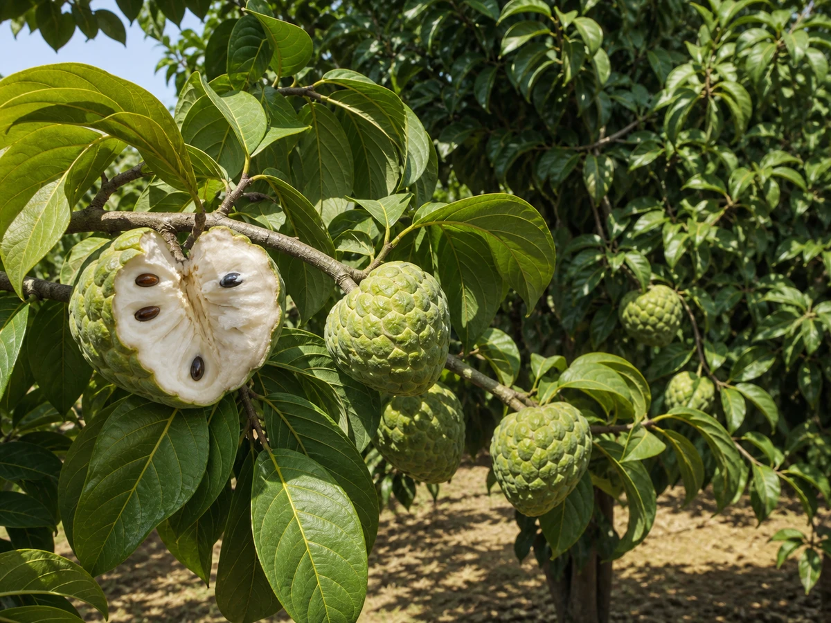 Prancha botânica complementar de Anoneira ‘Mateus I’ (Annona cherimola Mill. ‘Mateus I’) com caracteres de identificação e ciclo de vida