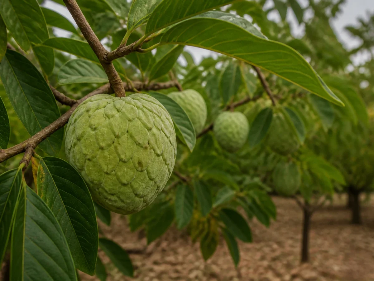 Prancha botânica complementar de Anoneira (Annona cherimola) com caracteres de identificação e ciclo de vida