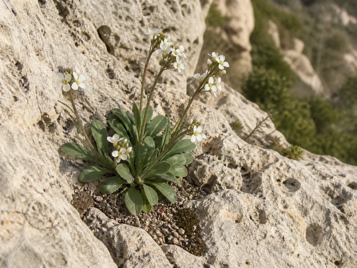 Prancha botânica complementar de Arábis-sadina (Arabis sadina) com caracteres de identificação e ciclo de vida