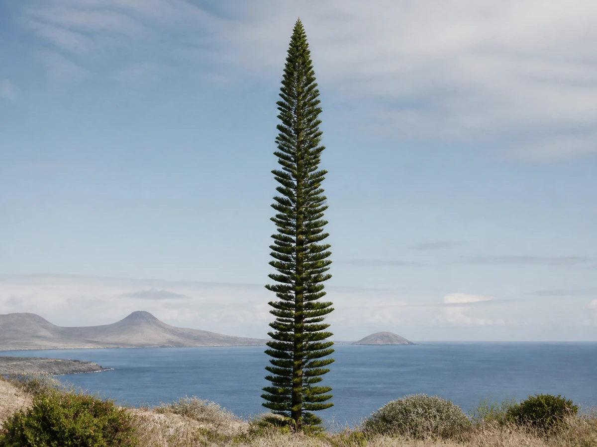 Prancha botânica complementar de Araucária-de-Cook (Araucaria columnaris) com caracteres de identificação e ciclo de vida