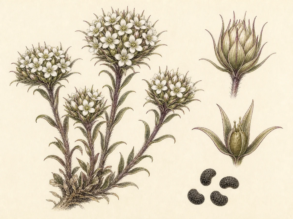 Prancha botânica complementar de Arenária-de-Font-Quer (Arenaria querioides subsp. fontqueri) com caracteres de identificação e ciclo de vida