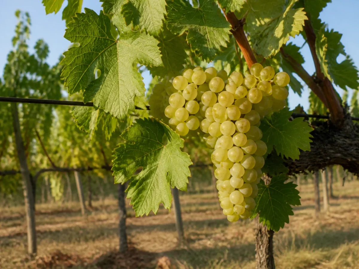 Prancha botânica complementar de Videira Arinto (Pedernã) (Vitis vinifera 'Arinto') com caracteres de identificação e ciclo de vida