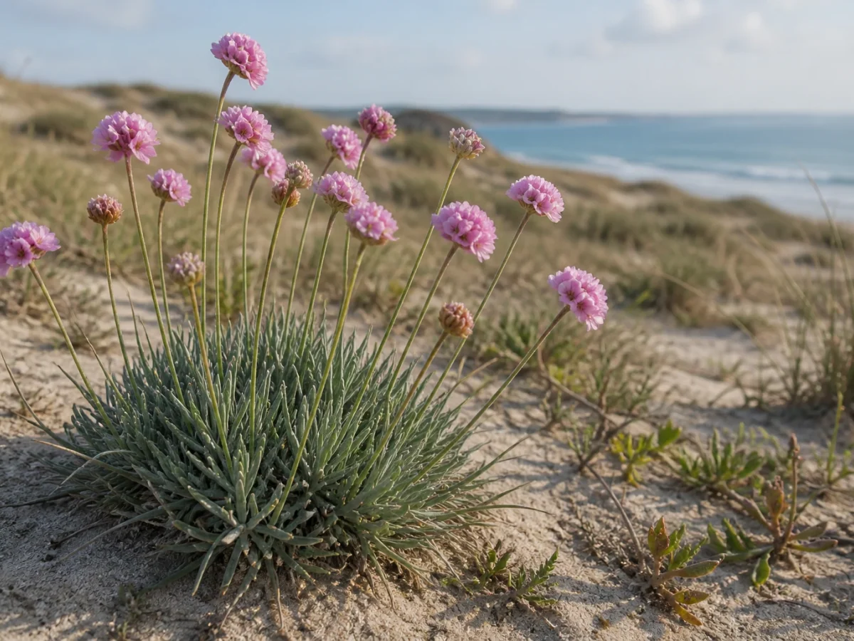 Prancha botânica complementar de Arméria-das-praias (Armeria pungens) com caracteres de identificação e ciclo de vida