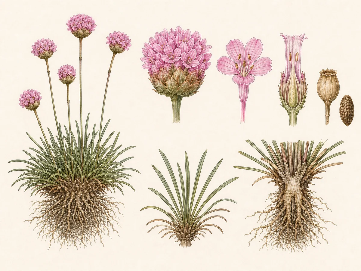 Prancha botânica complementar de Arméria-de-Morais (Armeria langei subsp. marizii) com caracteres de identificação e ciclo de vida