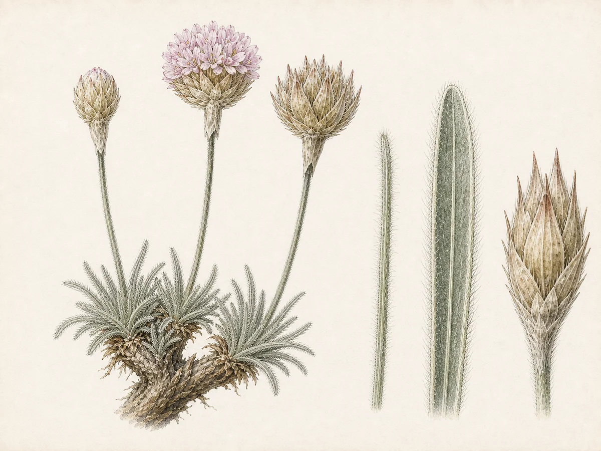 Prancha botânica complementar de Arméria-lanuda (Armeria eriophylla) com caracteres de identificação e ciclo de vida