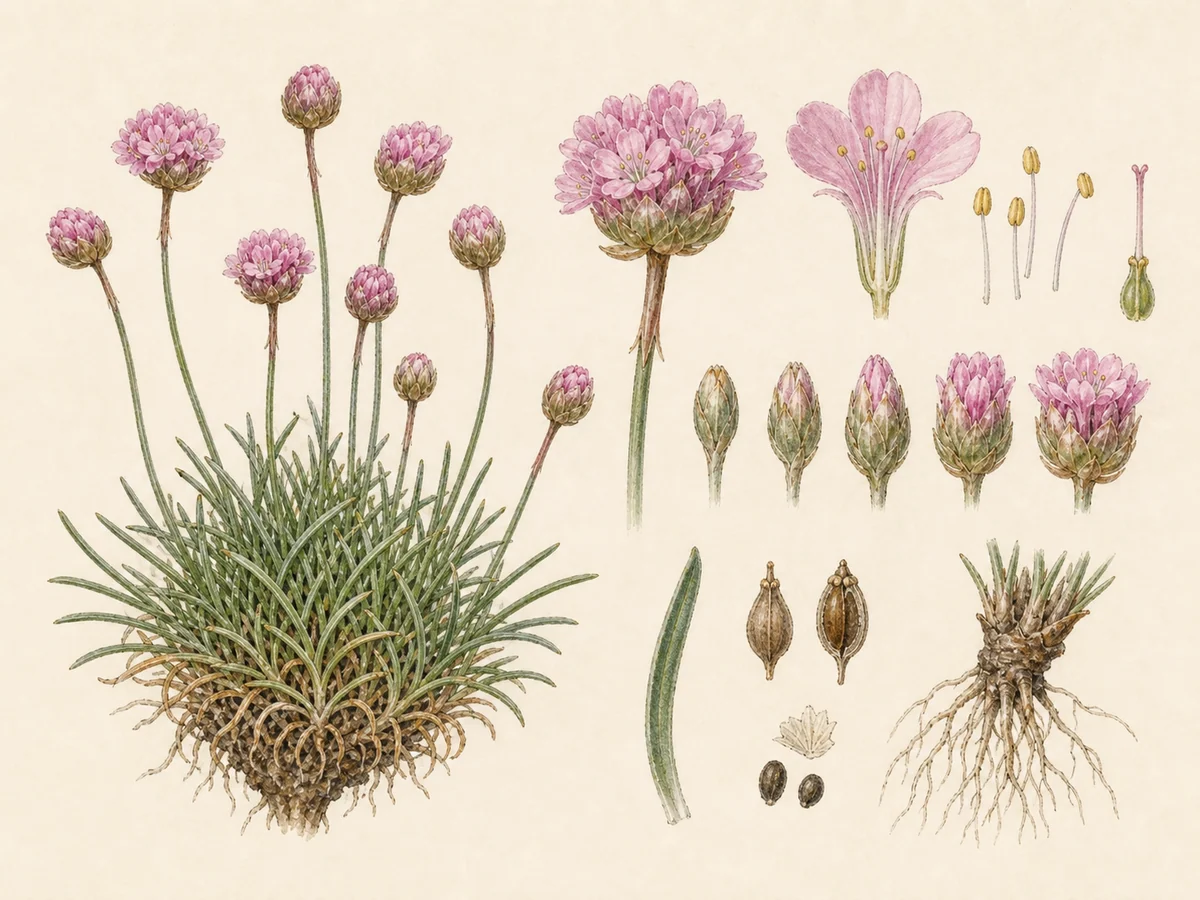Prancha botânica complementar de Armeria-marítima (Armeria maritima subsp. maritima) com caracteres de identificação e ciclo de vida