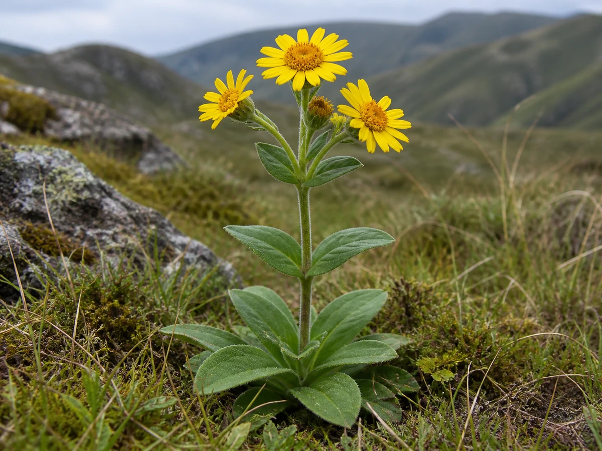 Prancha botânica complementar de Arnica-atlântica (Arnica montana subsp. atlantica) com caracteres de identificação e ciclo de vida