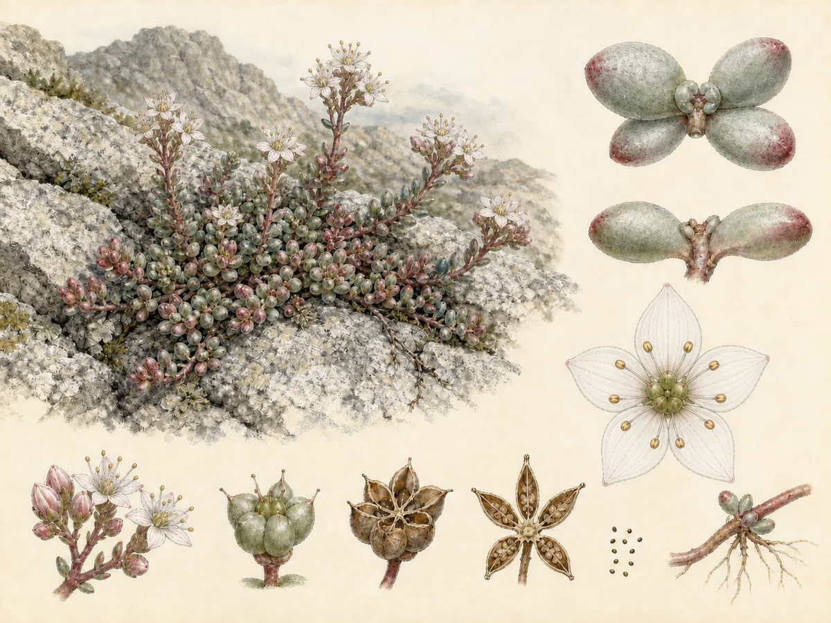 Prancha botânica complementar de Arroz-dos-muros (Sedum brevifolium) com caracteres de identificação e ciclo de vida