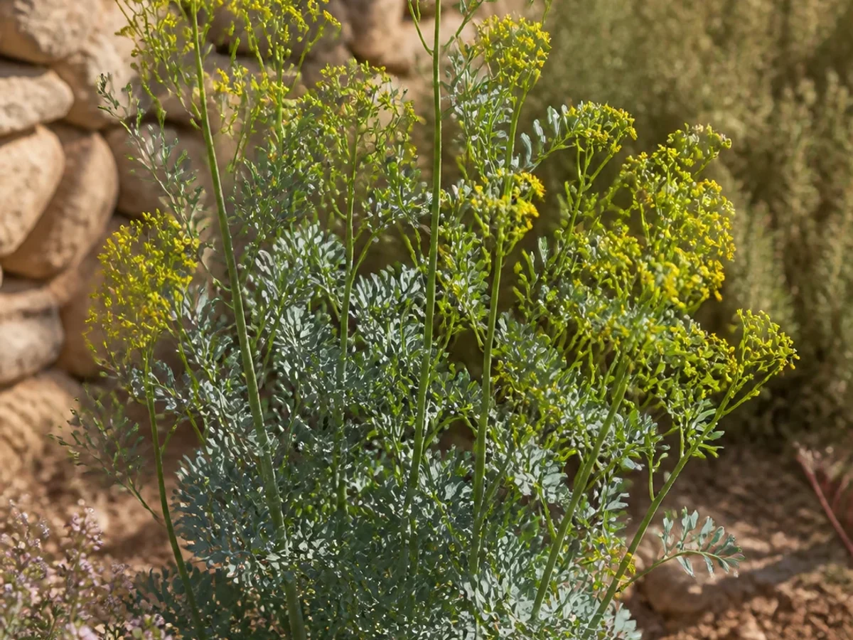 Prancha botânica complementar de Arruda-de-jardim (Ruta graveolens) com caracteres de identificação e ciclo de vida