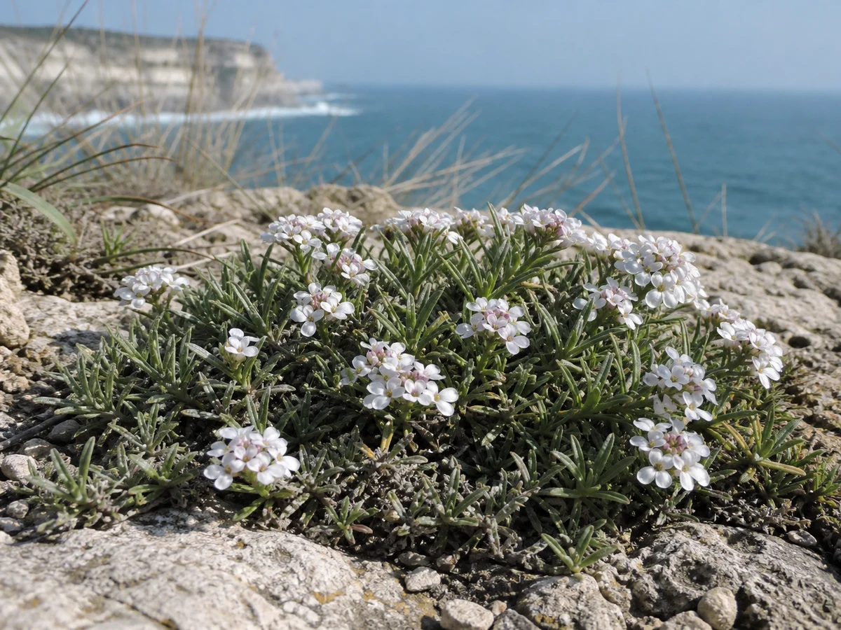 Prancha botânica complementar de Assembleias-costeiras (Iberis procumbens subsp. procumbens) com caracteres de identificação e ciclo de vida