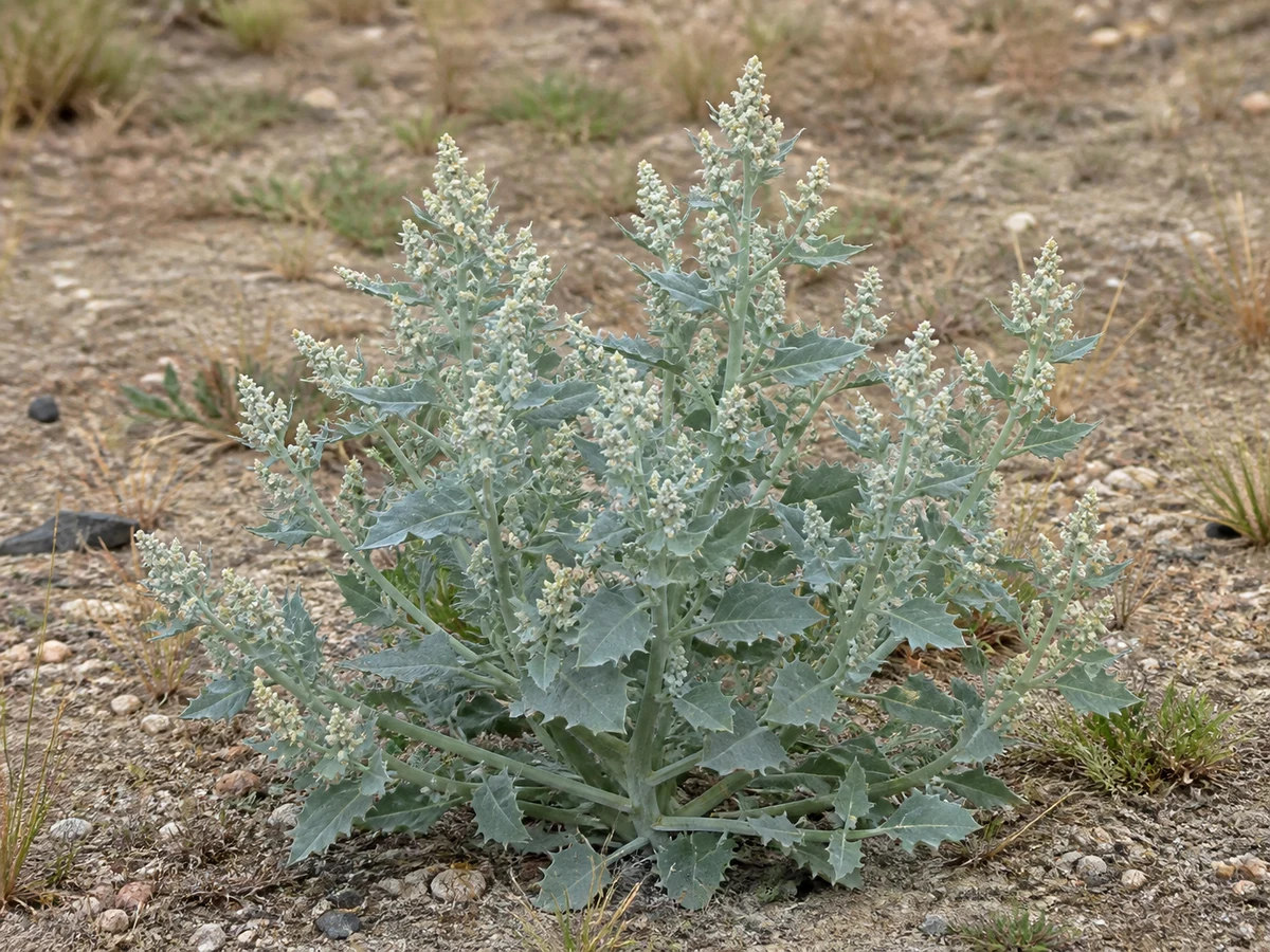 Prancha botânica complementar de Atriplex rosea — não plantar na Madeira (Atriplex rosea) com caracteres de identificação e ciclo de vida