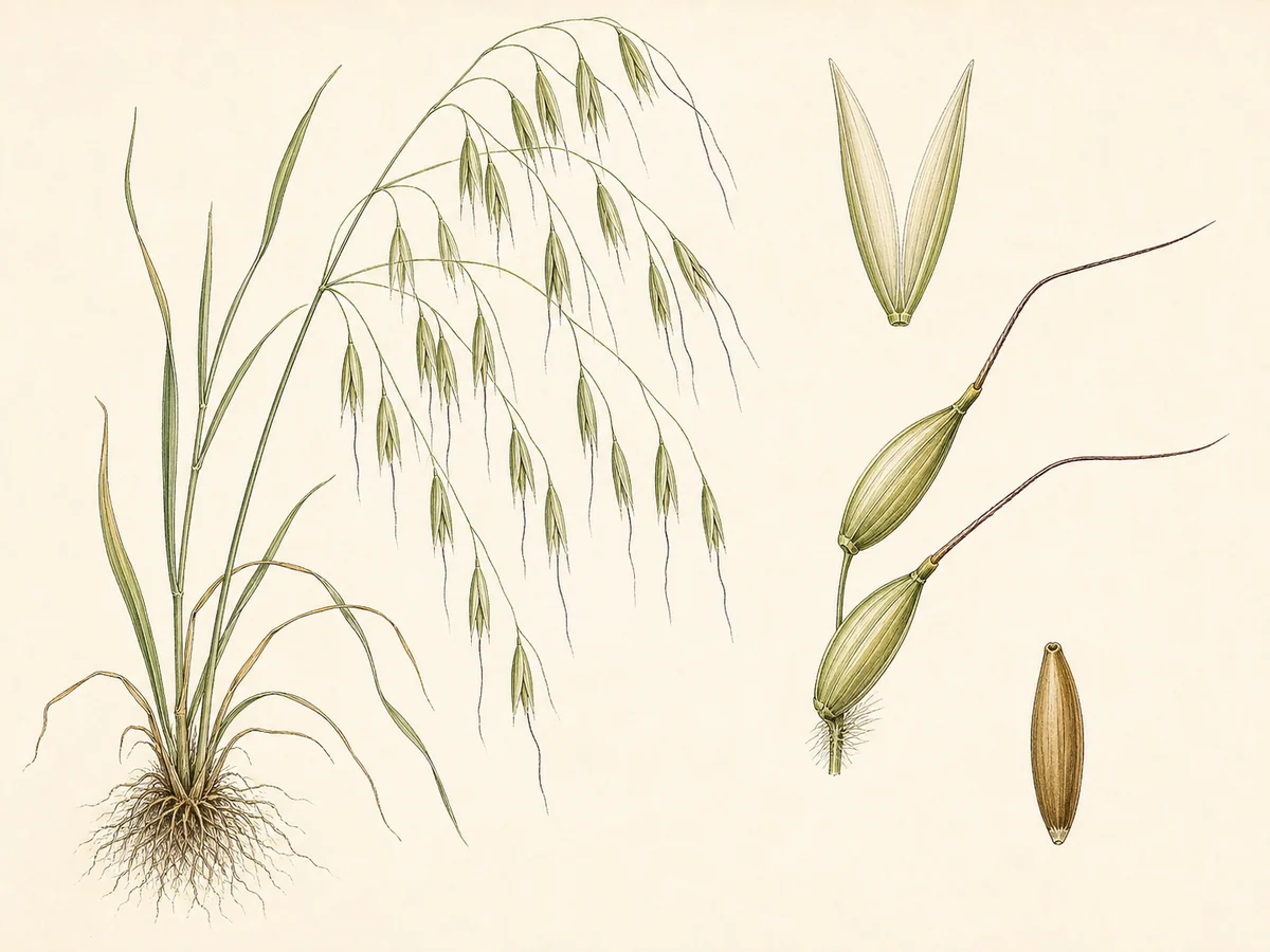 Prancha botânica complementar de Aveia-brava (Avena sterilis subsp. sterilis) com caracteres de identificação e ciclo de vida