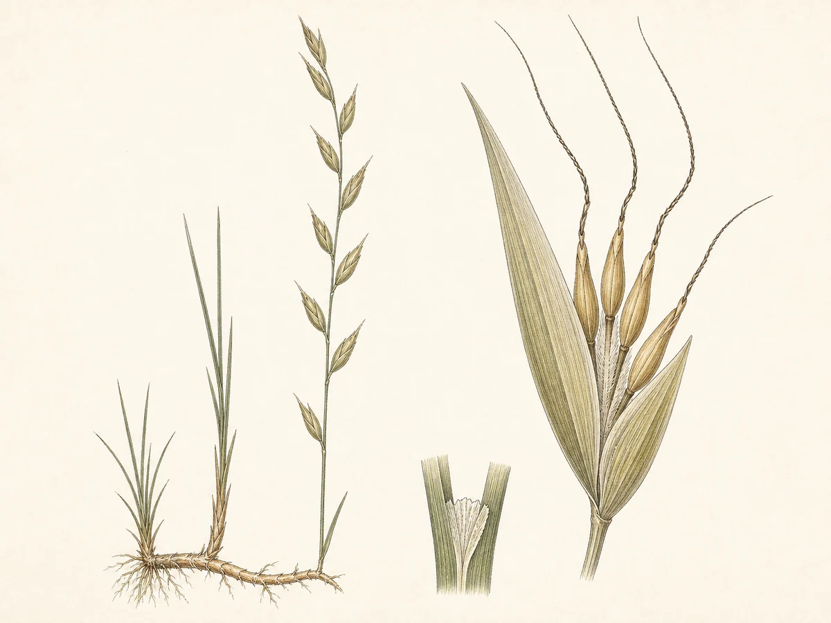 Prancha botânica complementar de Avénula-lusitânica (Avenula pratensis subsp. lusitanica) com caracteres de identificação e ciclo de vida