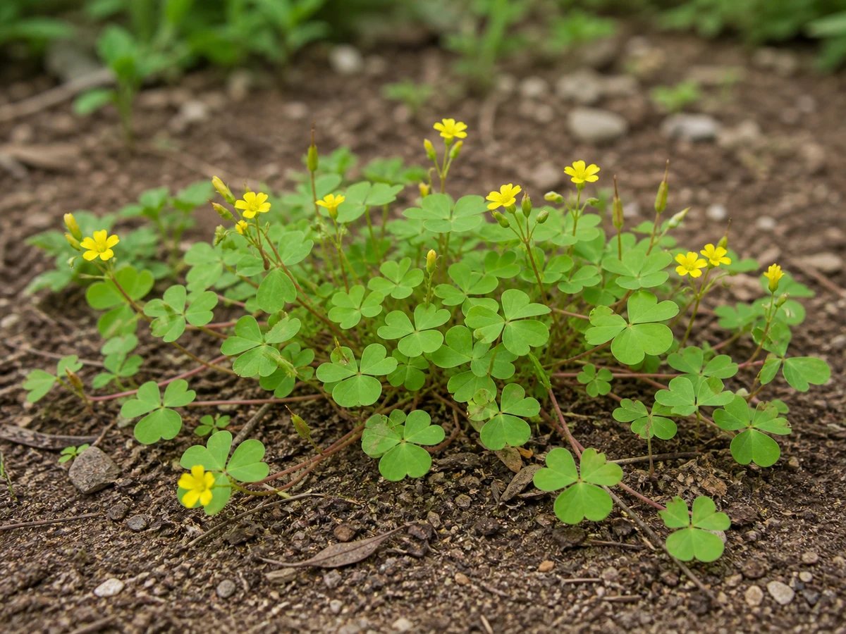 Prancha botânica complementar de Azedinha-rasteira (Oxalis corniculata) com caracteres de identificação e ciclo de vida