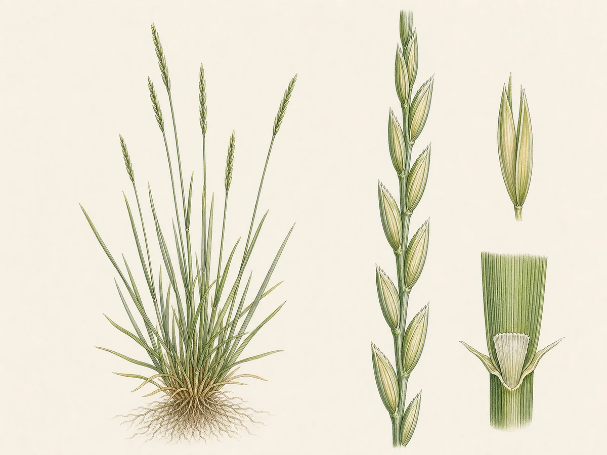 Prancha botânica complementar de Azevém-bastardo (Lolium rigidum subsp. rigidum) com caracteres de identificação e ciclo de vida