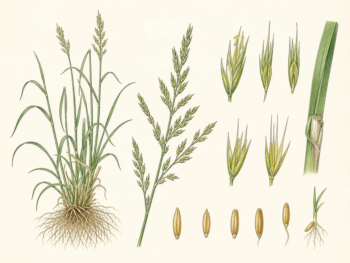 Prancha botânica complementar de Azevém-italiano (Lolium multiflorum) com caracteres de identificação e ciclo de vida