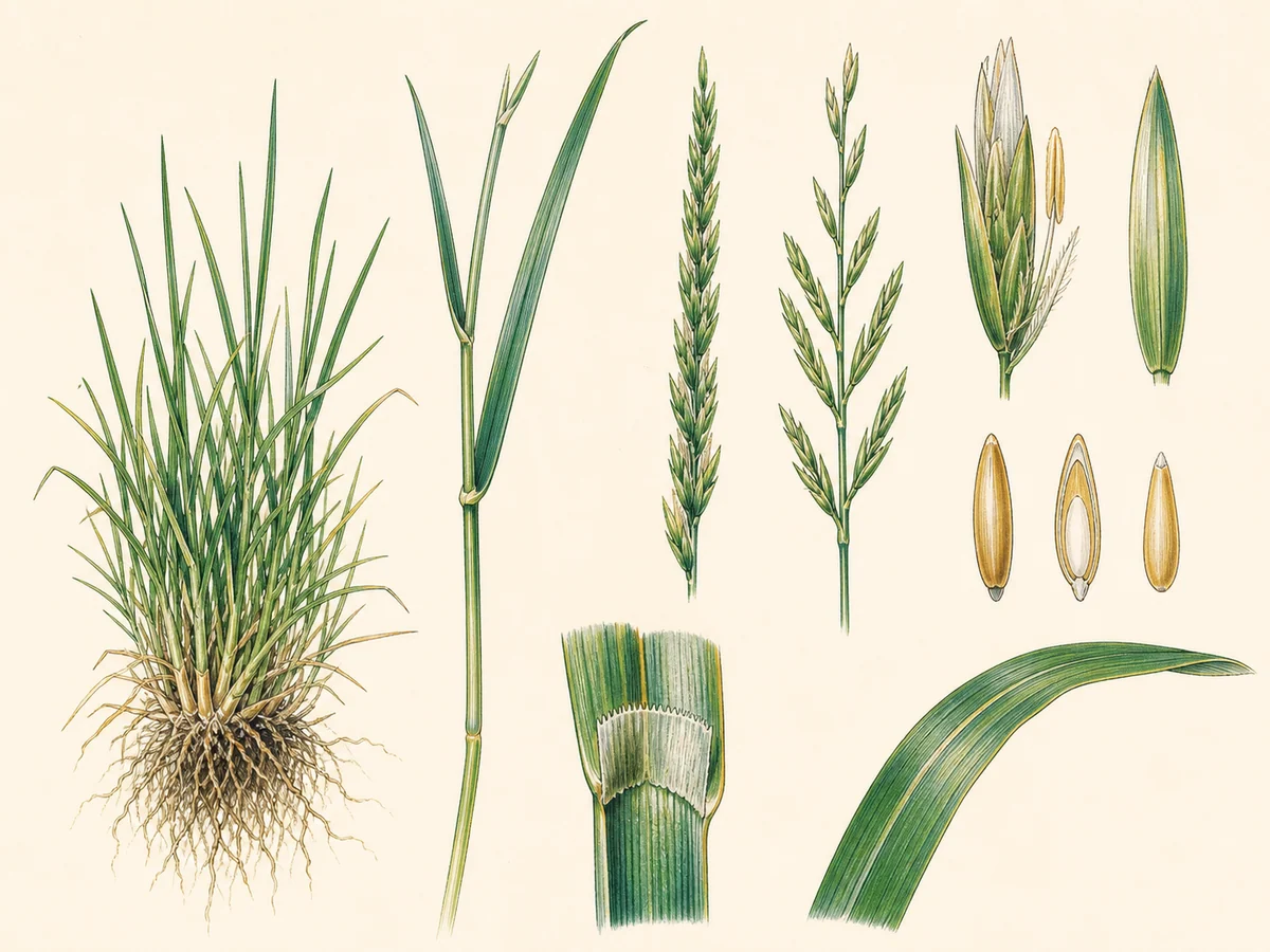 Prancha botânica complementar de Azevém-perene (Lolium perenne) com caracteres de identificação e ciclo de vida