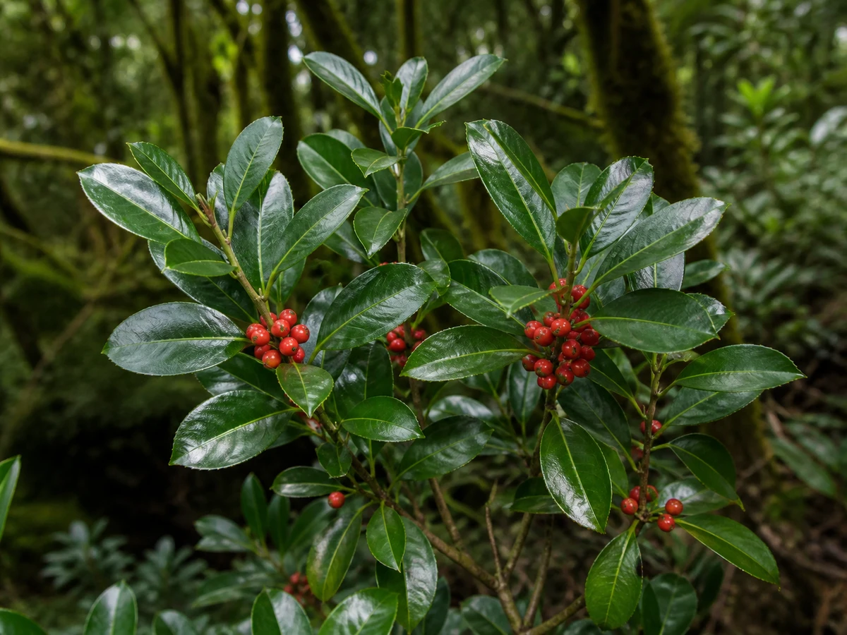 Prancha botânica complementar de Azevinho-da-Madeira (Ilex canariensis) com caracteres de identificação e ciclo de vida