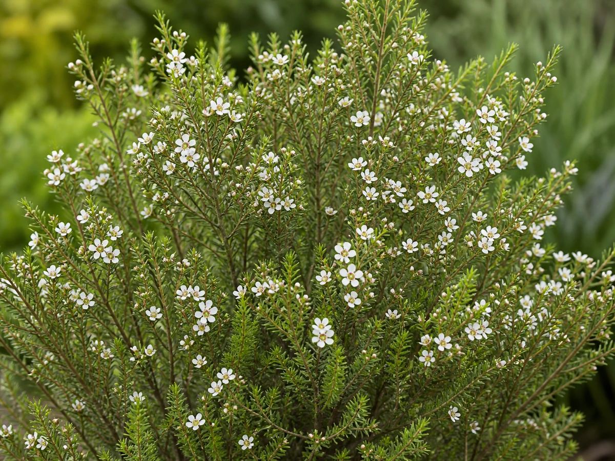 Prancha botânica complementar de Baeckea-arbustiva (Baeckea frutescens) com caracteres de identificação e ciclo de vida