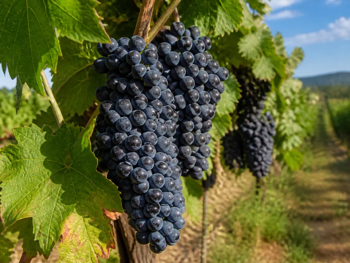 Prancha botânica complementar de Videira Baga (Vitis vinifera 'Baga') com caracteres de identificação e ciclo de vida