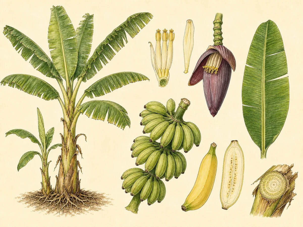 Prancha botânica complementar de Bananeira Cavendish (Musa acuminata (AAA Group) 'Dwarf Cavendish') com caracteres de identificação e ciclo de vida