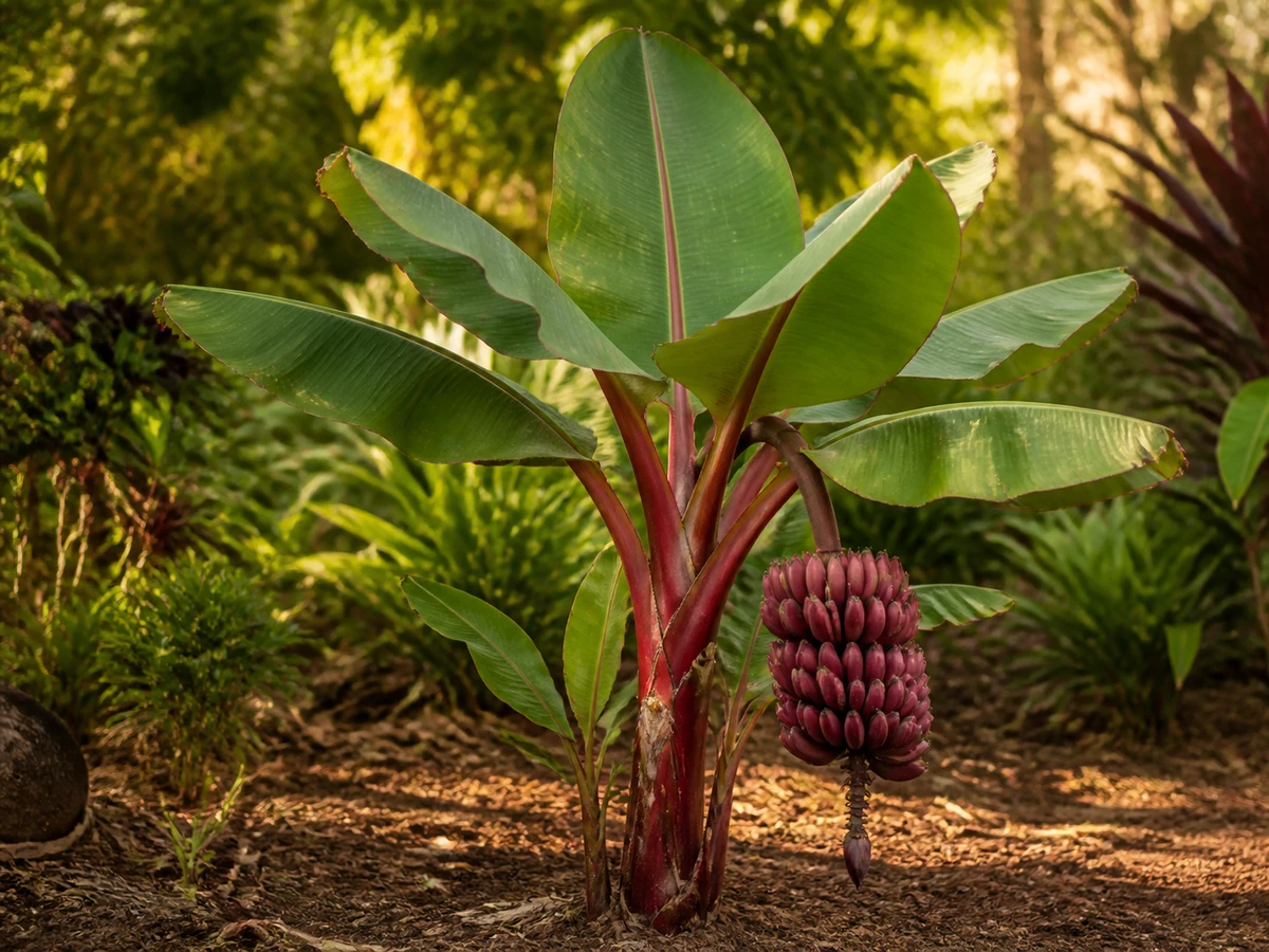 Prancha botânica complementar de Bananeira Dwarf Red (Musa 'Dwarf Red') com caracteres de identificação e ciclo de vida