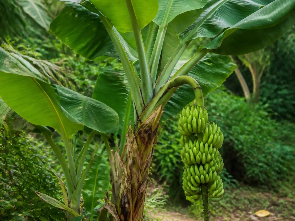 Prancha botânica complementar de Bananeira Grand Nain (Musa 'Grand Nain') com caracteres de identificação e ciclo de vida