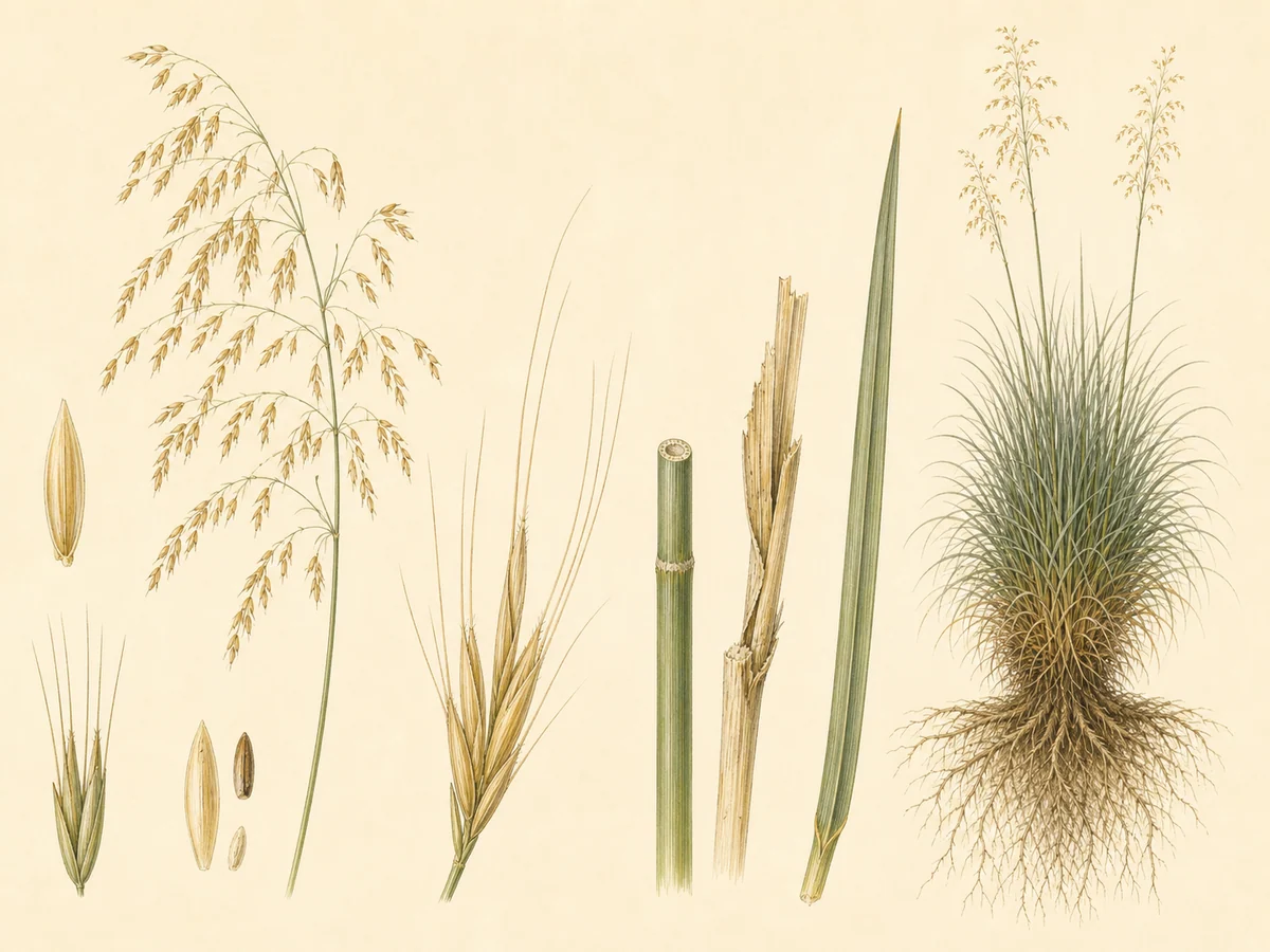 Prancha botânica complementar de Baracejo-gigante (Stipa gigantea) com caracteres de identificação e ciclo de vida