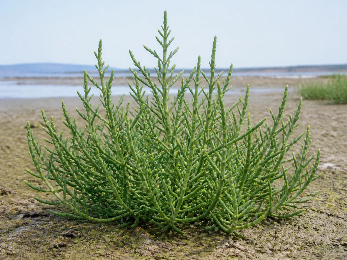 Prancha botânica complementar de Barrilheira-maior (Salsola soda) com caracteres de identificação e ciclo de vida