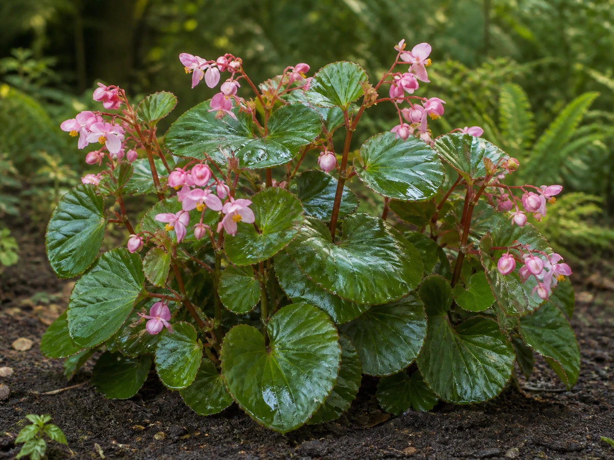 Prancha botânica complementar de Begónia-cucullata (Begonia cucullata) com caracteres de identificação e ciclo de vida