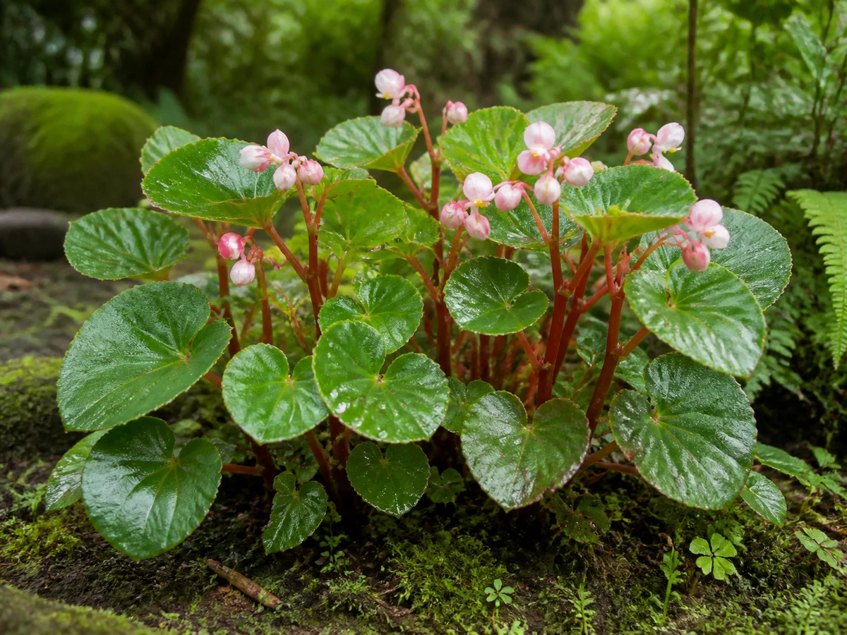 Prancha botânica complementar de Begónia-sempre-florida botânica (Begonia cucullata var. cucullata) com caracteres de identificação e ciclo de vida