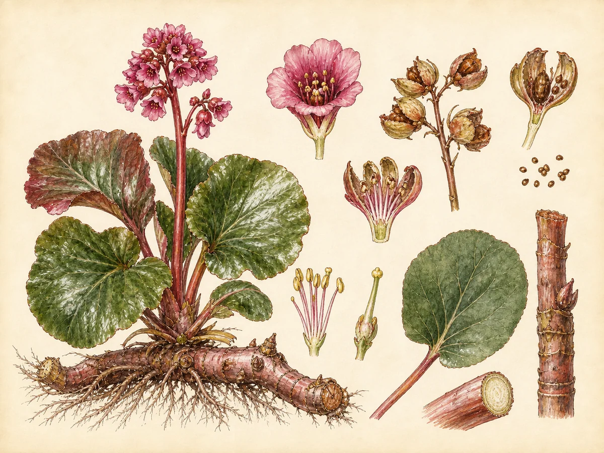 Prancha botânica complementar de Bergénia (Bergenia cordifolia) com caracteres de identificação e ciclo de vida