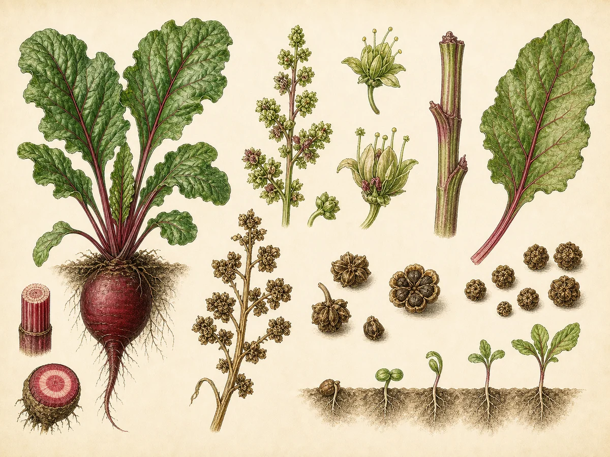 Prancha botânica complementar de Beterraba (Beta vulgaris Conditiva Group) com caracteres de identificação e ciclo de vida