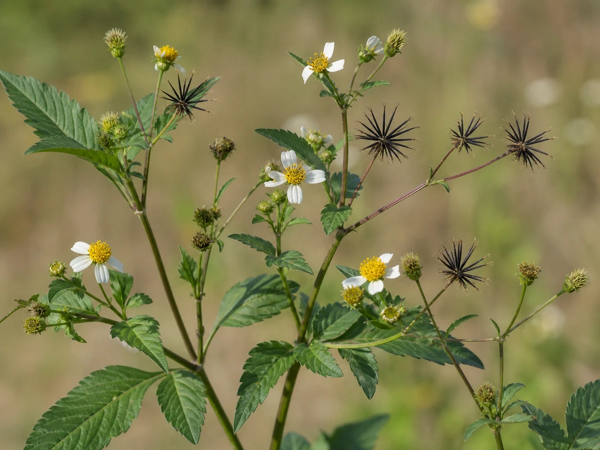 Prancha botânica complementar de Bidens pilosa — não plantar (Bidens pilosa) com caracteres de identificação e ciclo de vida