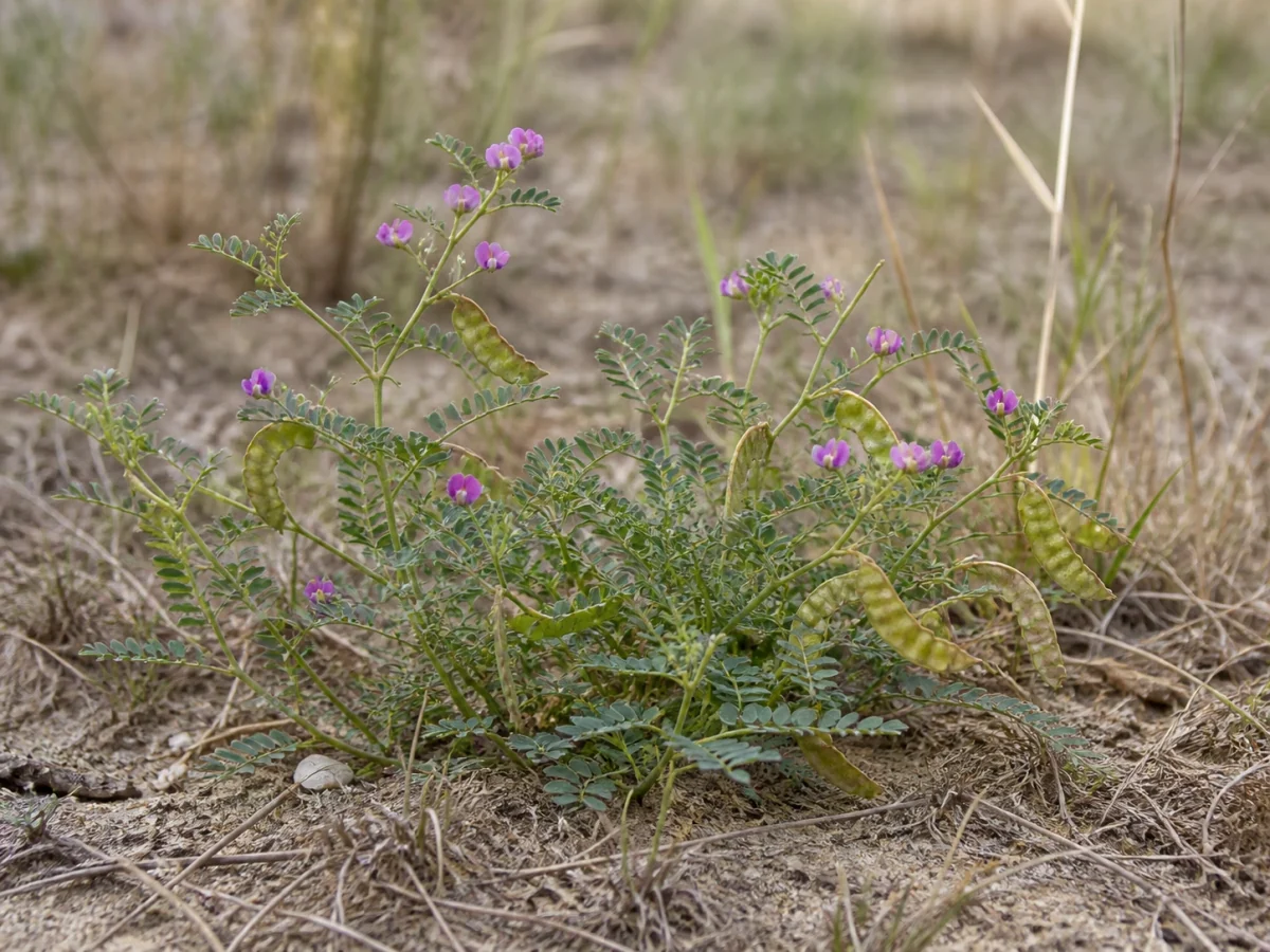 Prancha botânica complementar de Biserrula (Biserrula pelecinus subsp. pelecinus) com caracteres de identificação e ciclo de vida