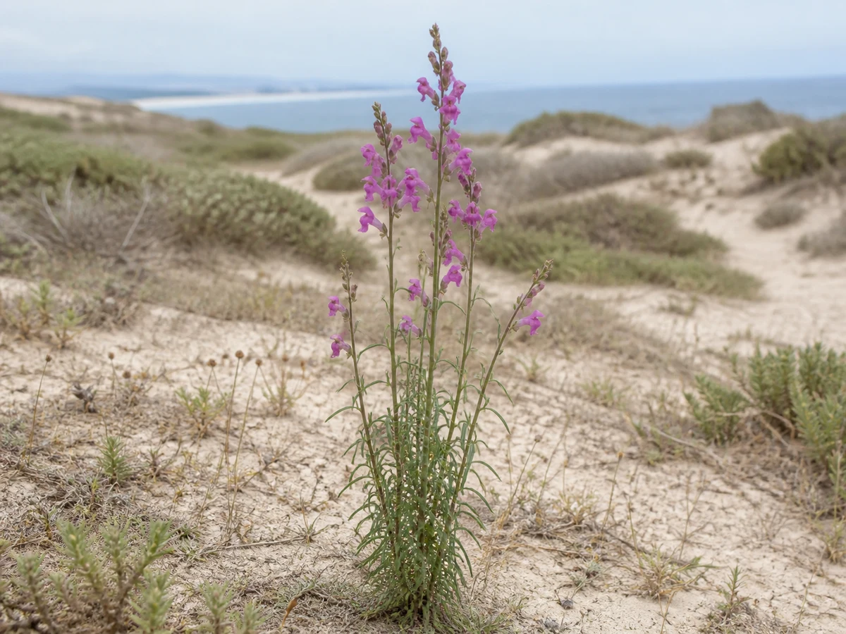 Prancha botânica complementar de Boca-de-lobo-das-areias (Antirrhinum cirrhigerum) com caracteres de identificação e ciclo de vida