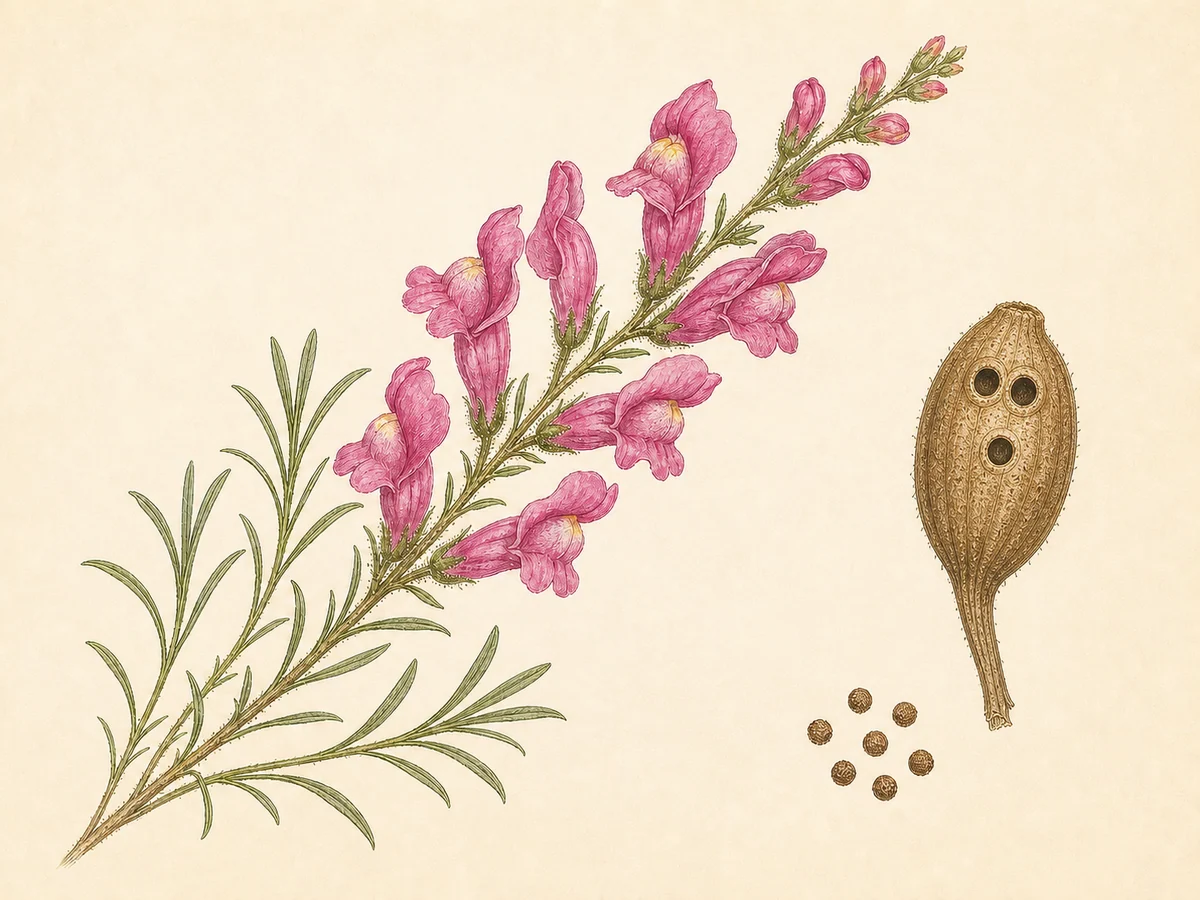 Prancha botânica complementar de Boca-de-lobo-rosa (Antirrhinum linkianum) com caracteres de identificação e ciclo de vida