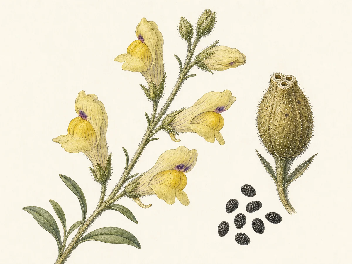 Prancha botânica complementar de Bocas-de-lobo-de-Trás-os-Montes (Antirrhinum rothmaleri) com caracteres de identificação e ciclo de vida