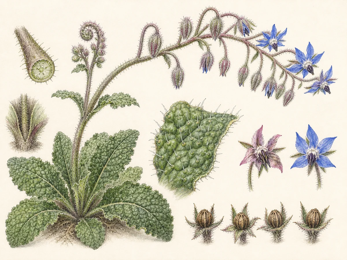 Prancha botânica complementar de Borragem (Borago officinalis) com caracteres de identificação e ciclo de vida