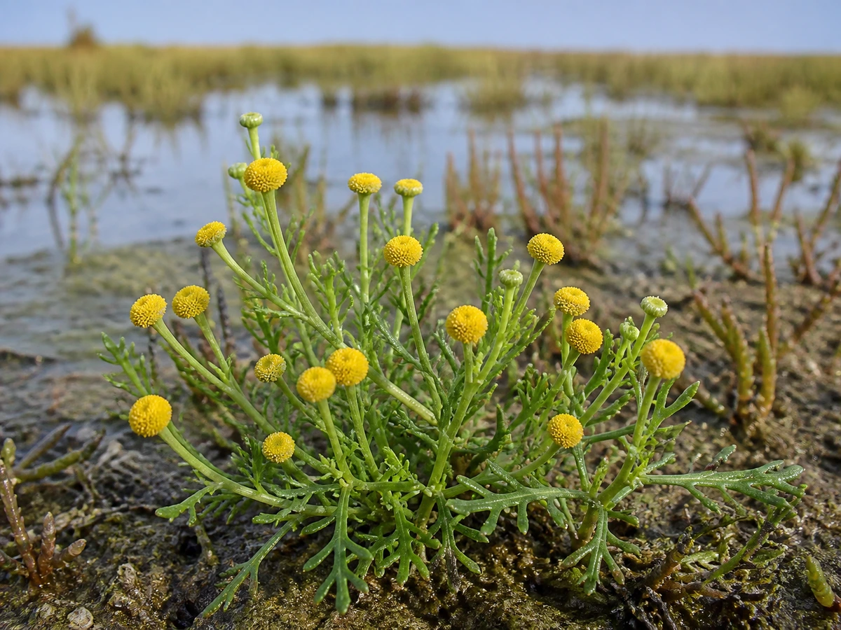 Prancha botânica complementar de Botões-de-latão — não plantar (Cotula coronopifolia) com caracteres de identificação e ciclo de vida
