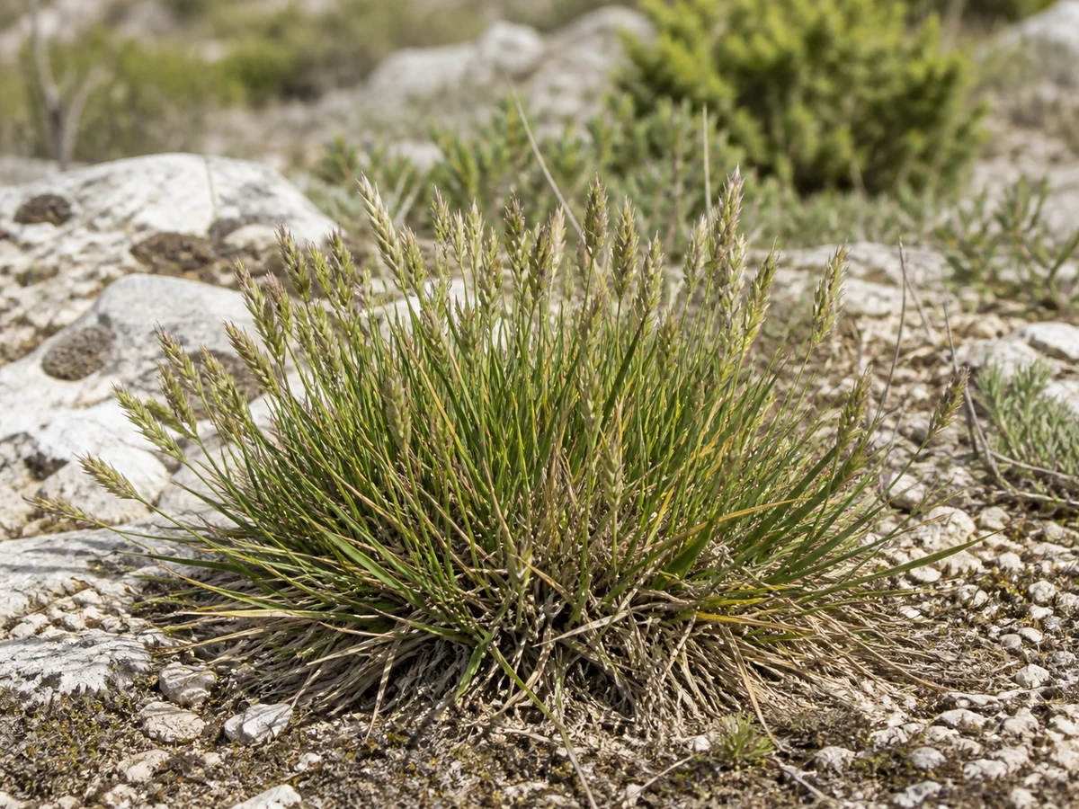 Prancha botânica complementar de Braquipódio-da-Arrábida (Brachypodium retusum) com caracteres de identificação e ciclo de vida