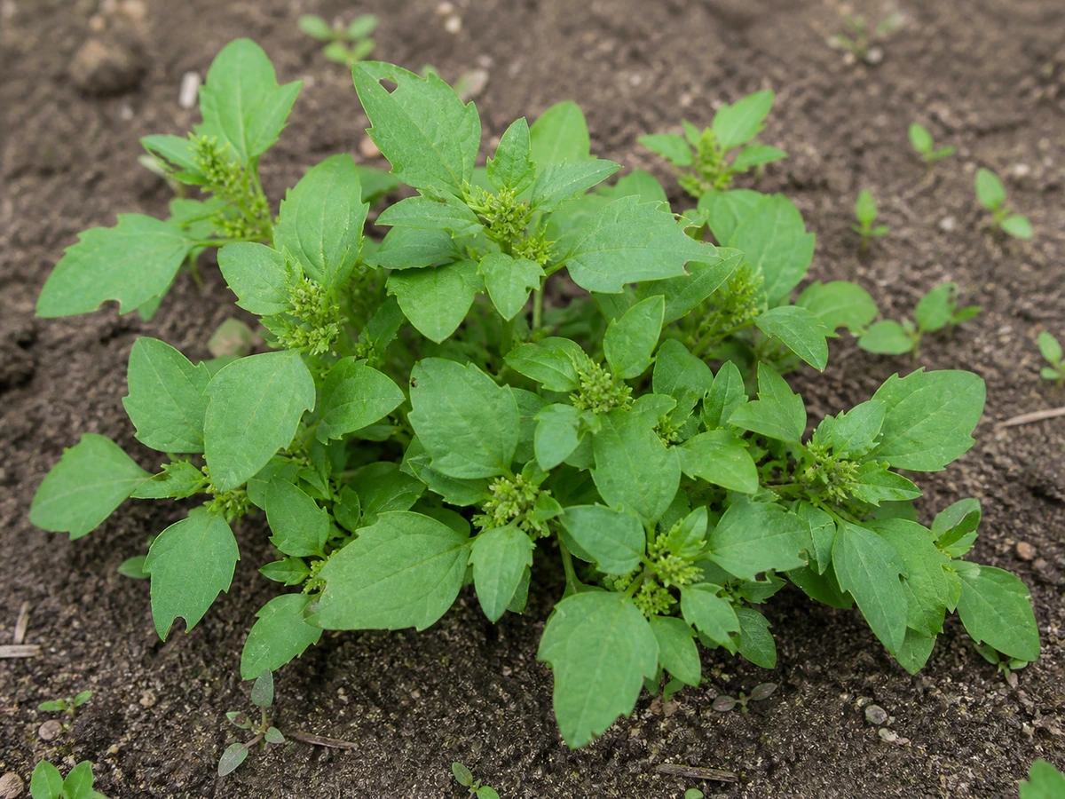 Prancha botânica complementar de Bredo-pequeno (Amaranthus blitum) com caracteres de identificação e ciclo de vida