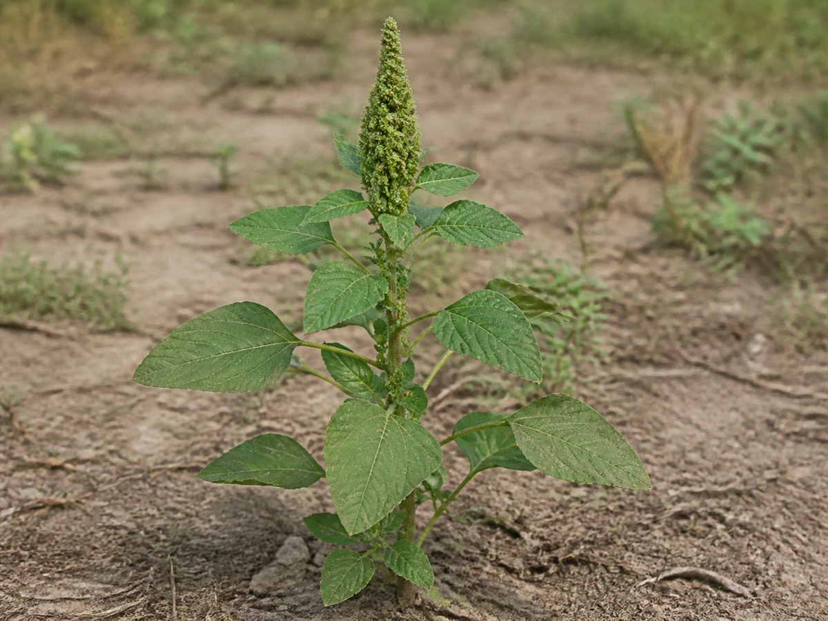 Prancha botânica complementar de Bredo — não plantar (Amaranthus retroflexus) com caracteres de identificação e ciclo de vida
