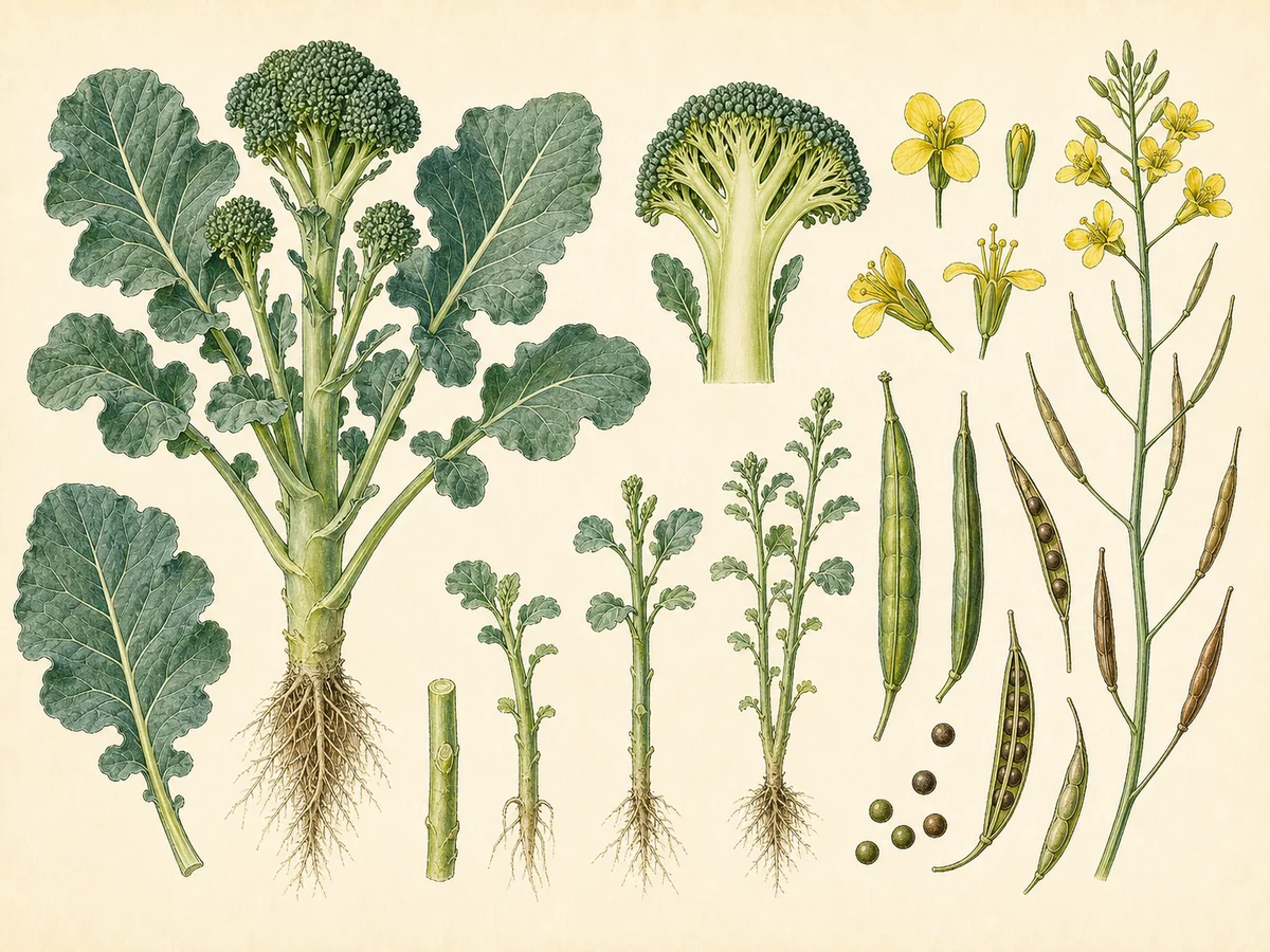 Prancha botânica complementar de Brócolo (Brassica oleracea var. italica) com caracteres de identificação e ciclo de vida