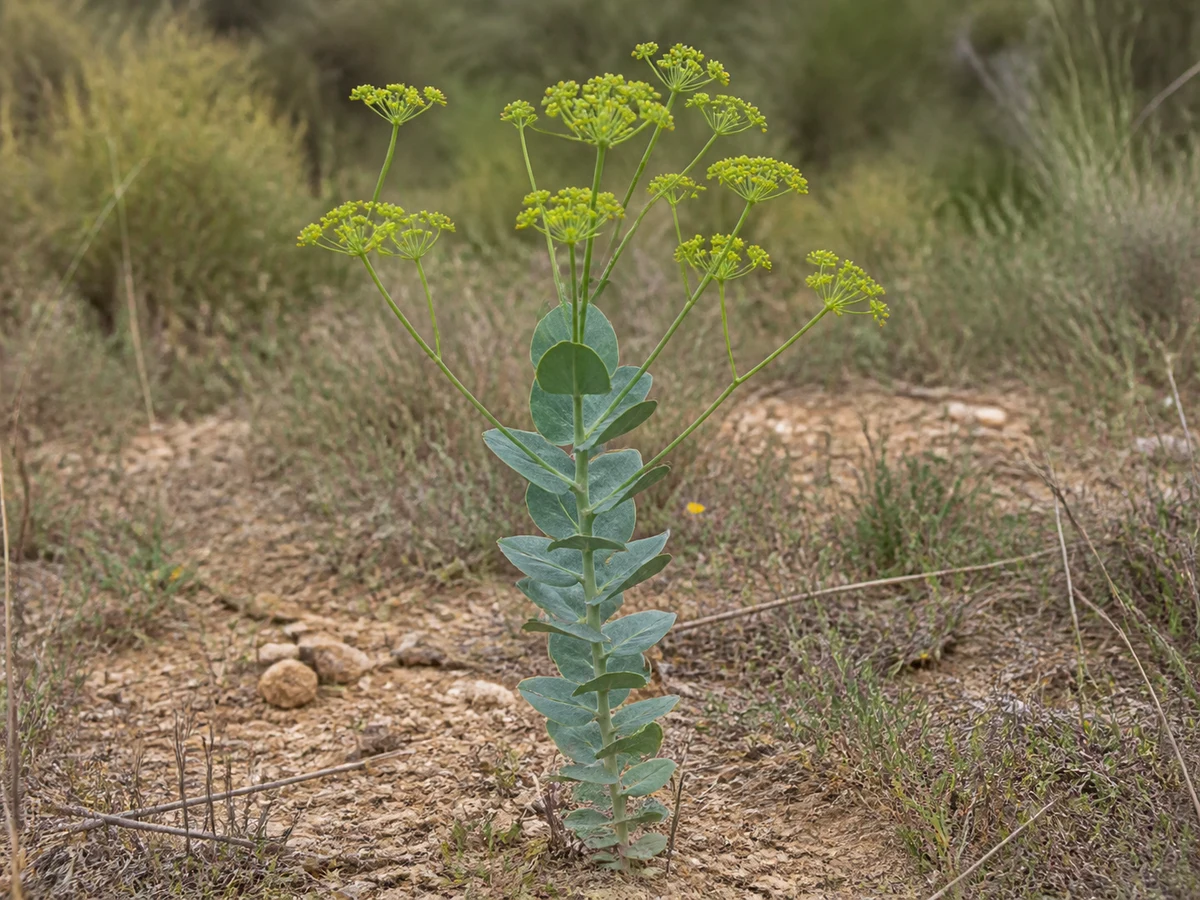 Prancha botânica complementar de Bupleuro-de-folha-redonda (Bupleurum rotundifolium) com caracteres de identificação e ciclo de vida